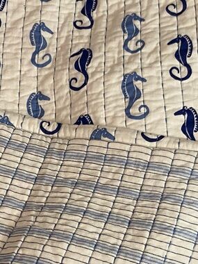 2 Sigrid Olsen cotton Blue white Seahorse Quilted king pillow shams Beach Bistro